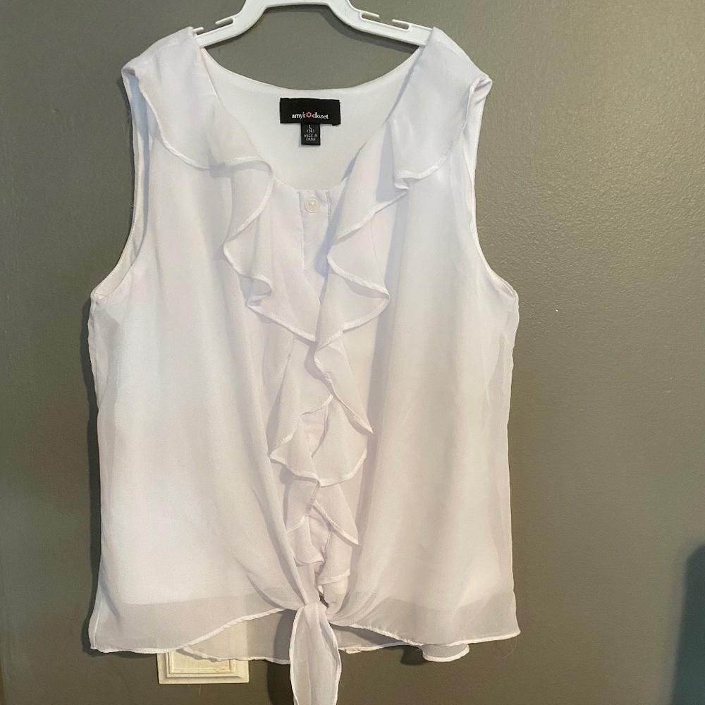 Amy's Closet Beautiful White Lined Front Ruffle Waterfall Button Blouse & Tie 14